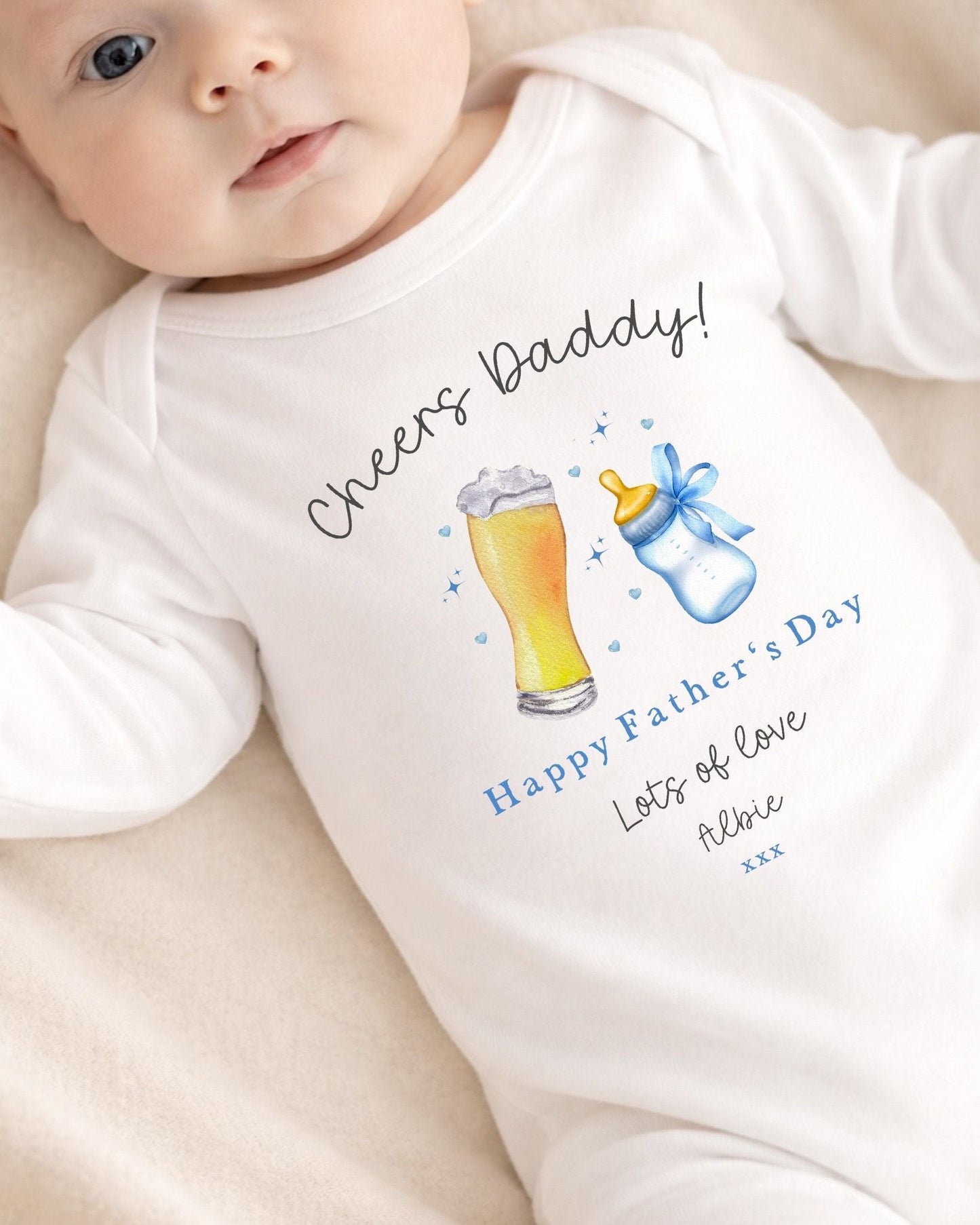 Personalised Happy Father's Day Baby Vest / Babygrow - Cheers Daddy Blue Design