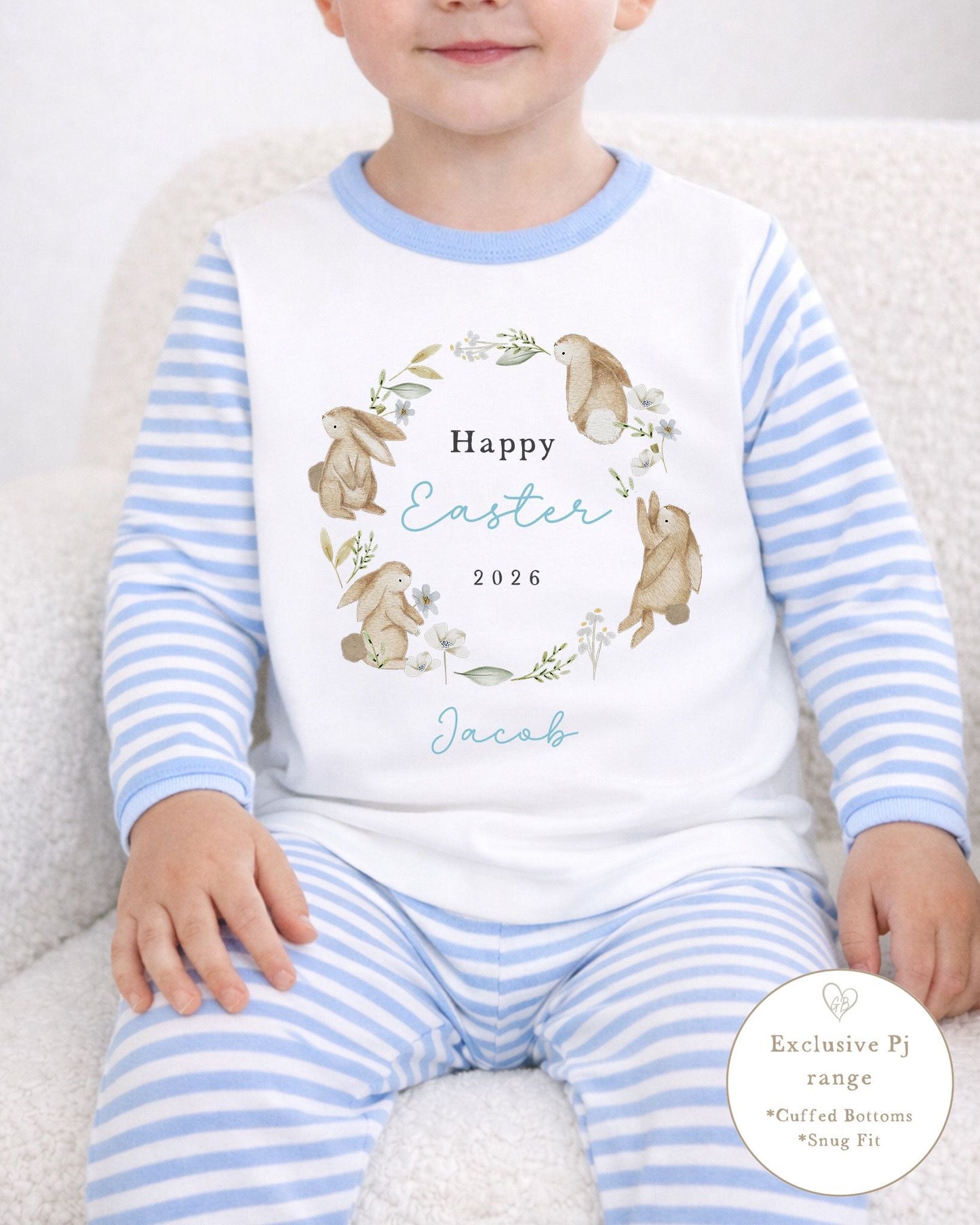Personalised Blue Stripe Easter Pyjamas - Bunny Wreath Design