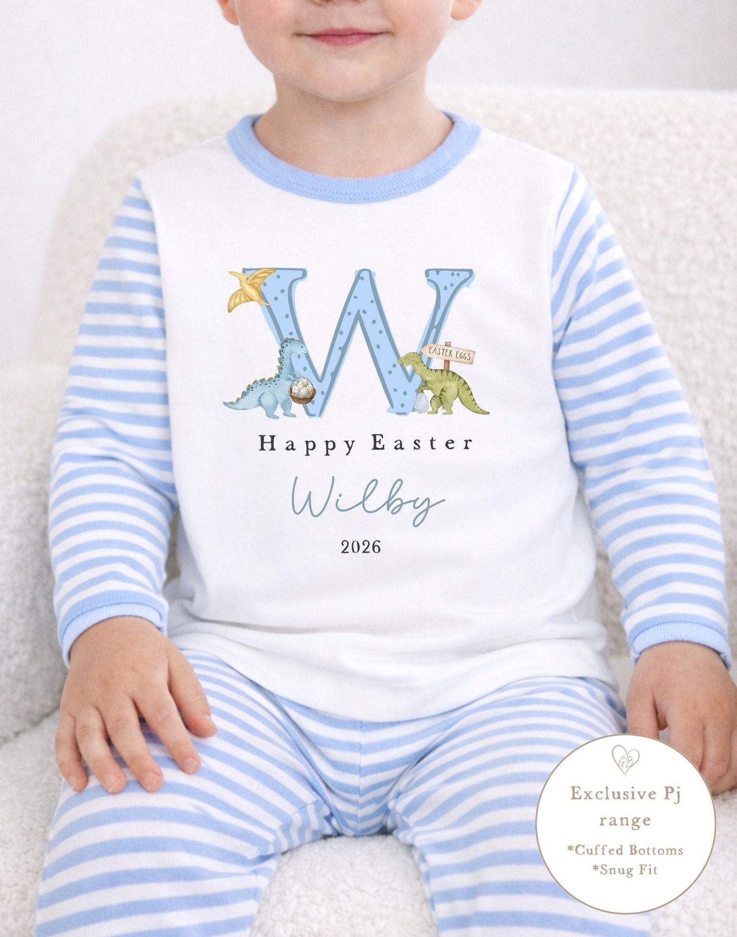 Personalised Blue Stripe Easter Pyjamas - Dinosaur Initial Design