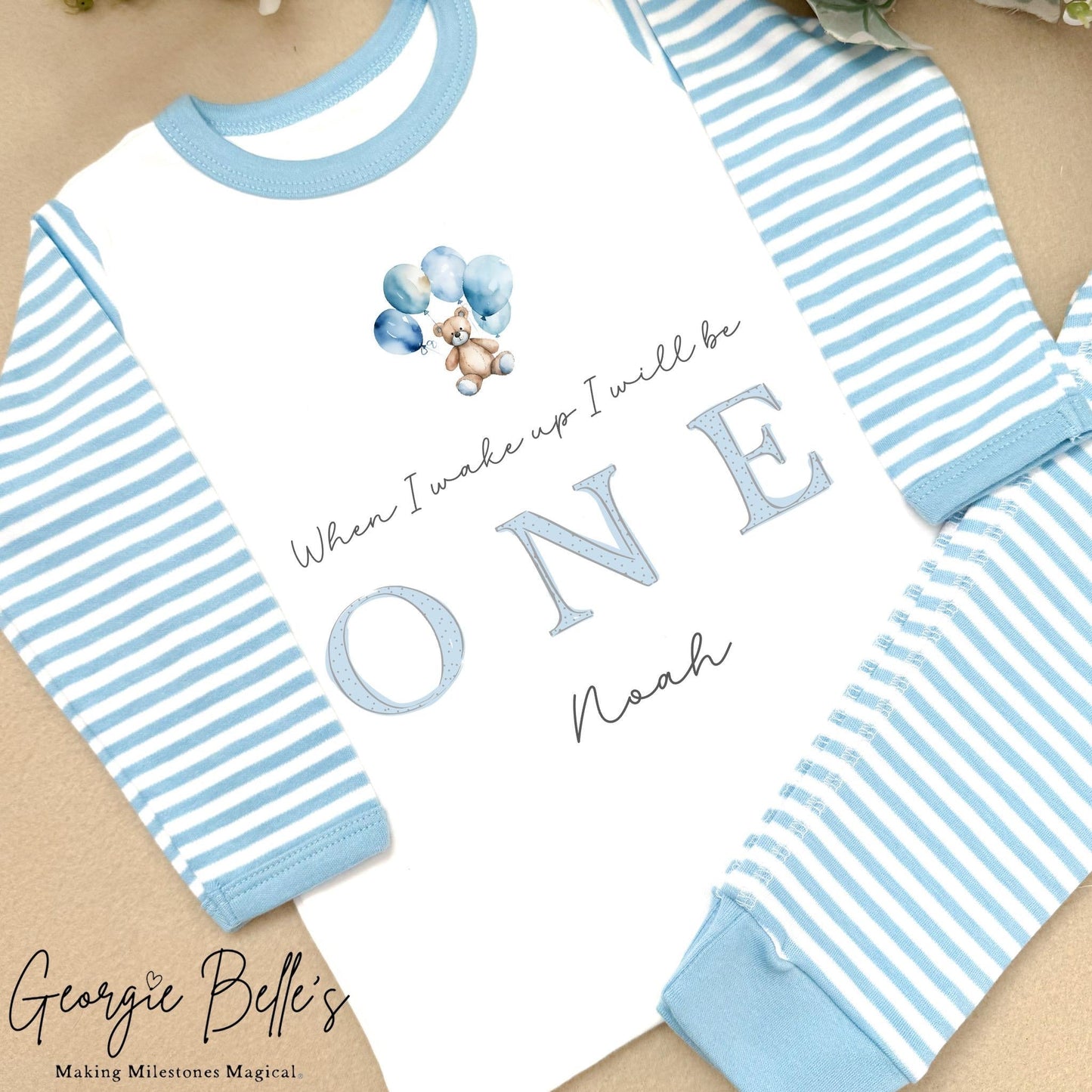 Personalised Blue Stripe Birthday Pyjamas - Blue Bear Balloons Design