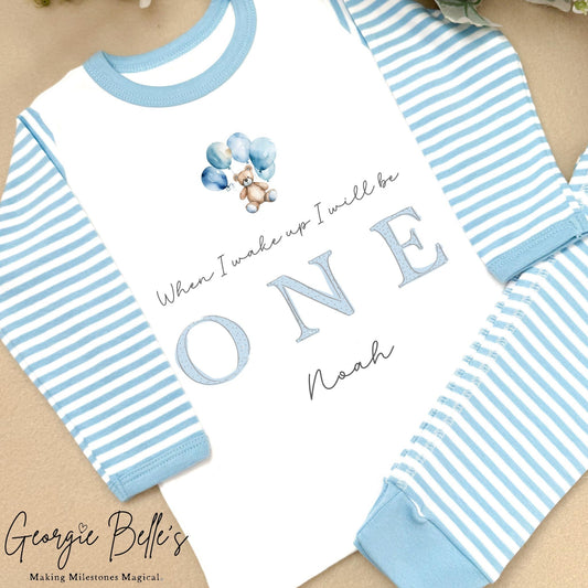 Personalised Blue Stripe Birthday Pyjamas - Blue Bear Balloons Design