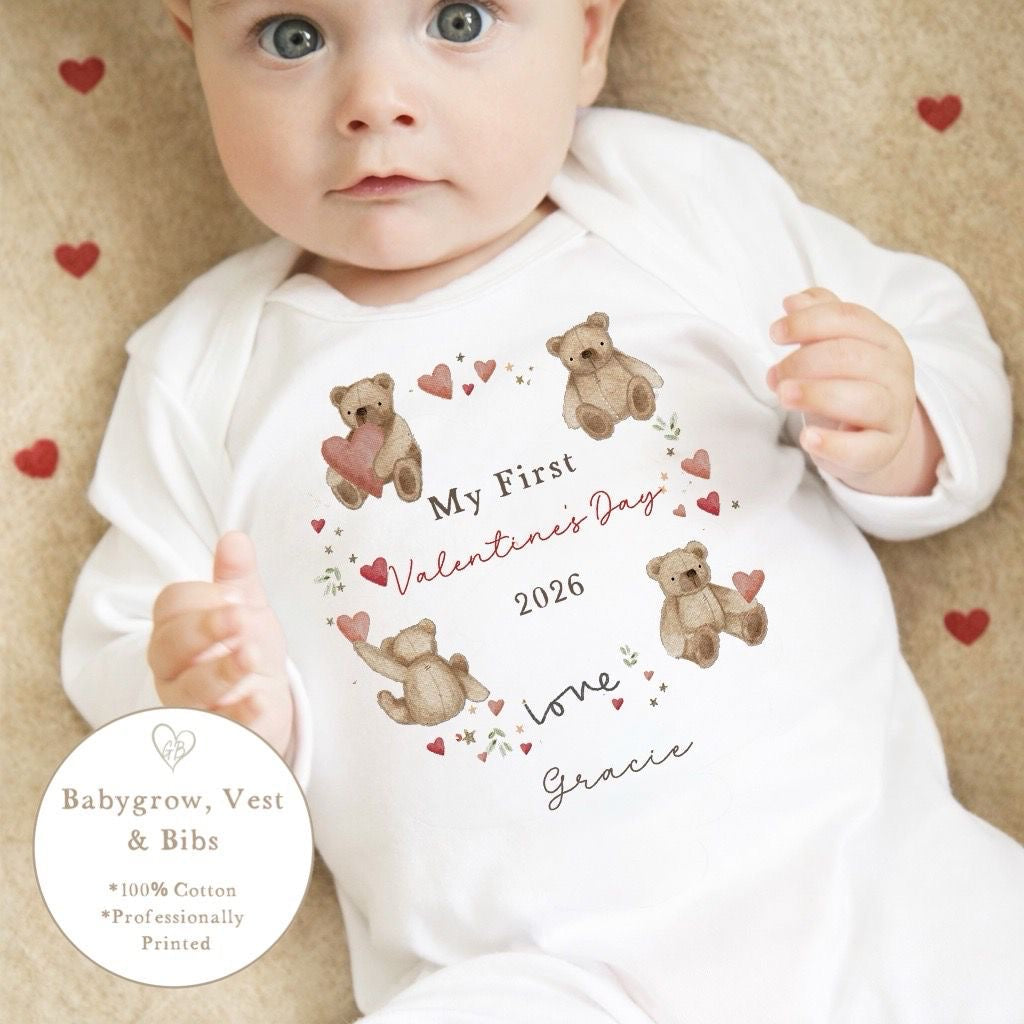 Personalised Valentine's Sleepsuit / Bodysuit - Bear Wreath Design