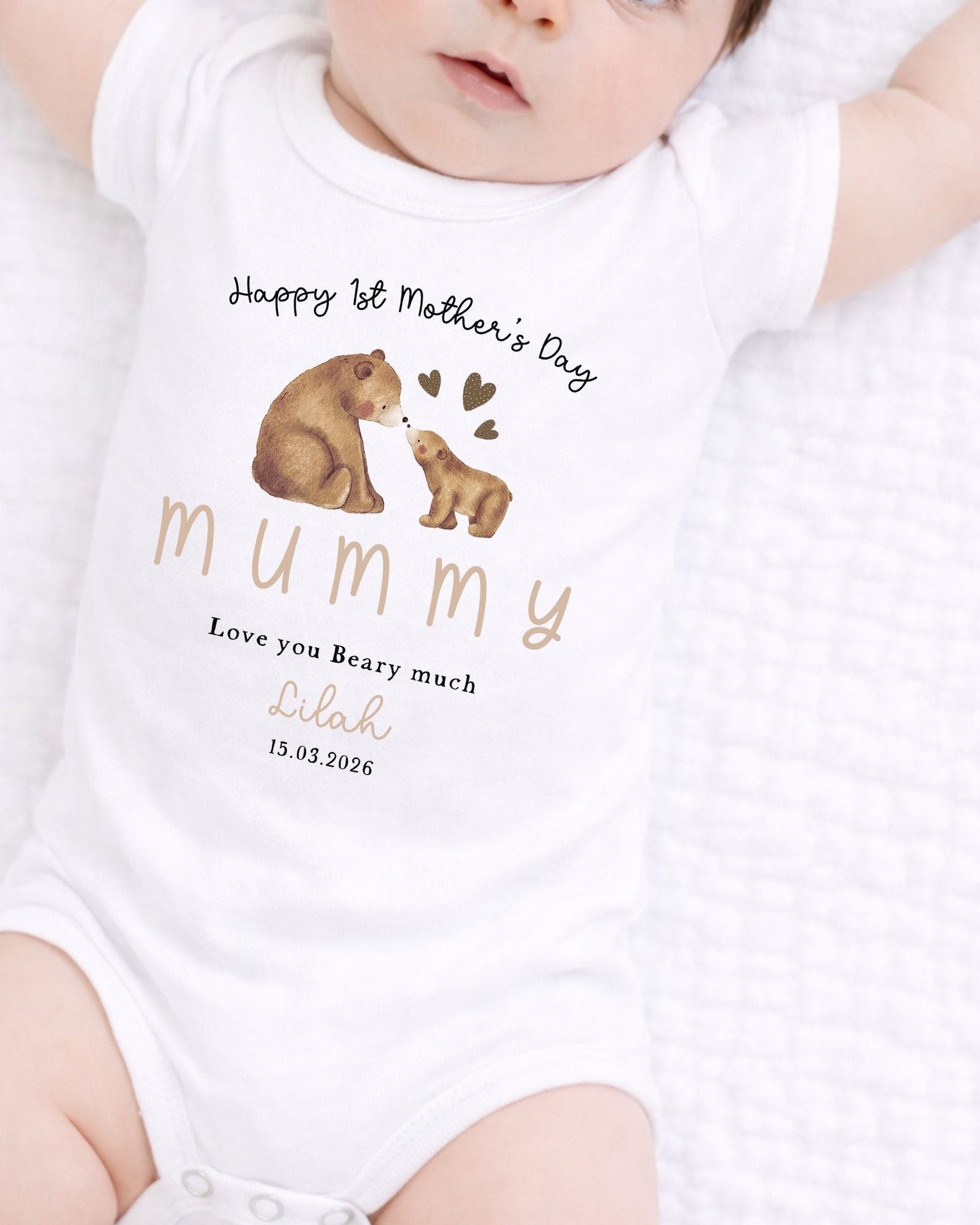 Personalised My First Mother's Day Babygrow / Short Sleeve Vest - Nude Mum & Me Bear Design