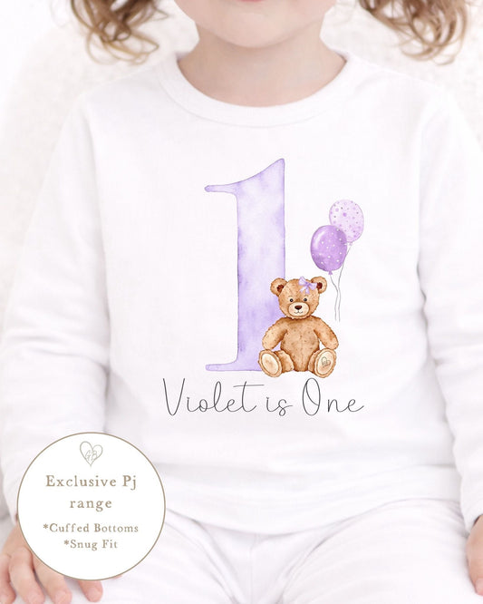 Personalised Plain White Birthday Pyjamas - Is One Lilac GB Bear Design