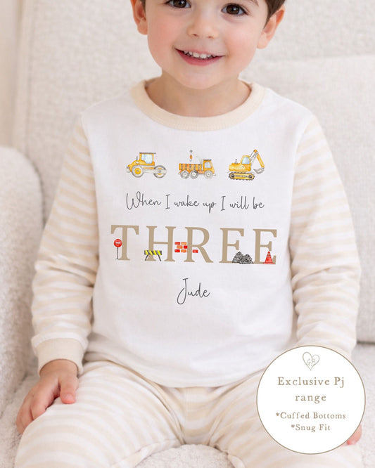 Personalised Stripe Birthday Pyjamas Digger Trio Design
