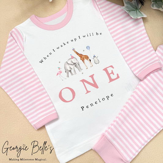 Personalised Pink Stripe Birthday Pyjamas - Animal Design