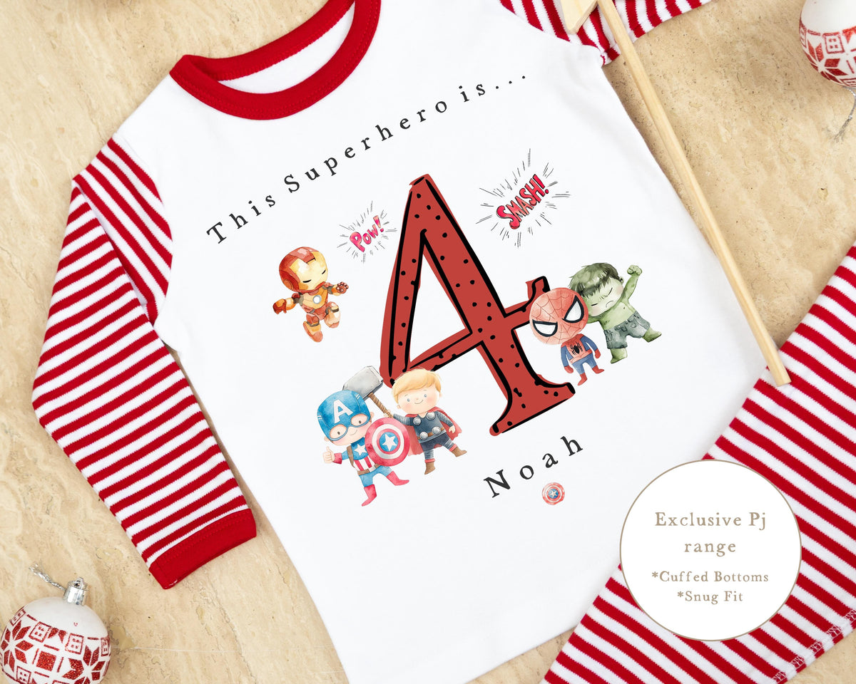 Red & White Striped Personalised Birthday Pyjamas - Superhero Design