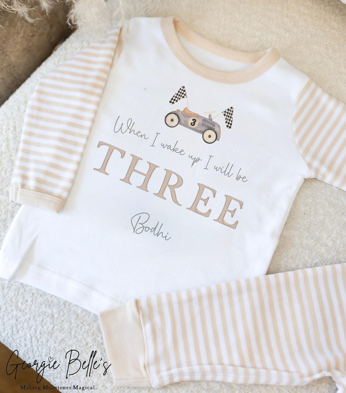Personalised Beige Stripe Birthday Pyjamas - Car Design
