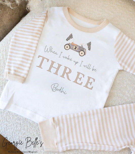 Personalised Beige Stripe Birthday Pyjamas - Car Design