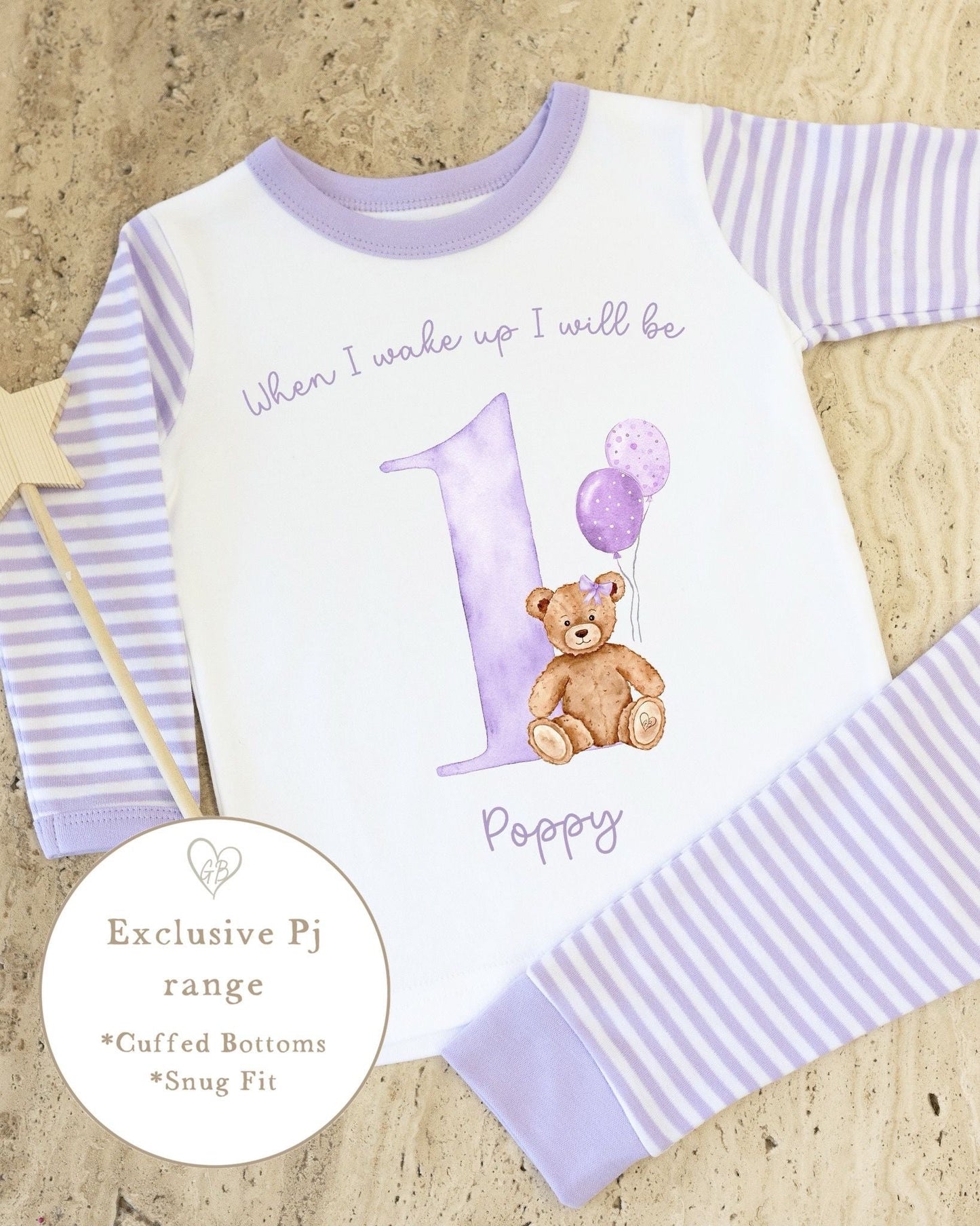 Lilac & White Striped Personalised Birthday Pyjamas - Lilac Bear Design