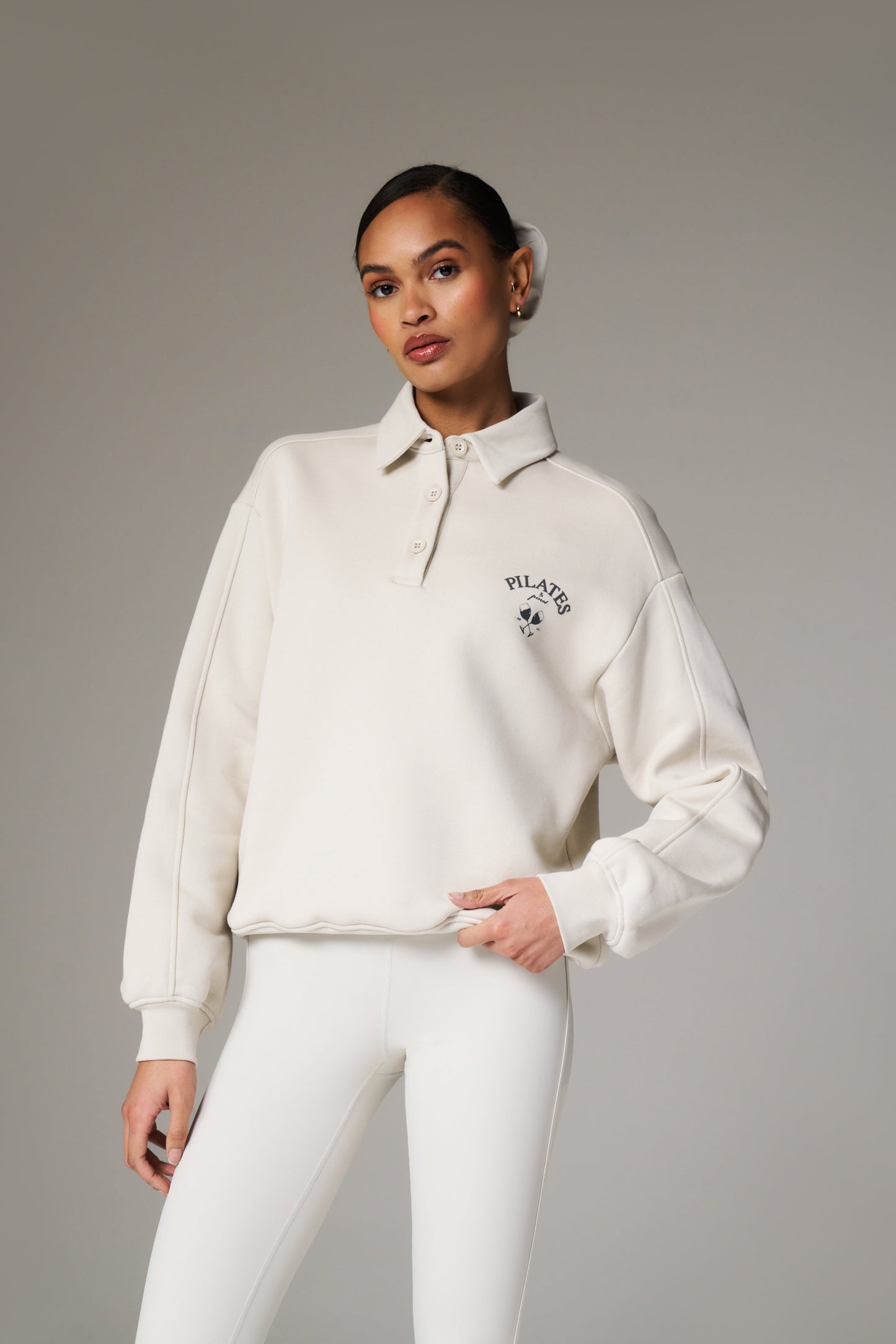 PILATES & PINOT BUTTON UP SWEATSHIRT - BONE