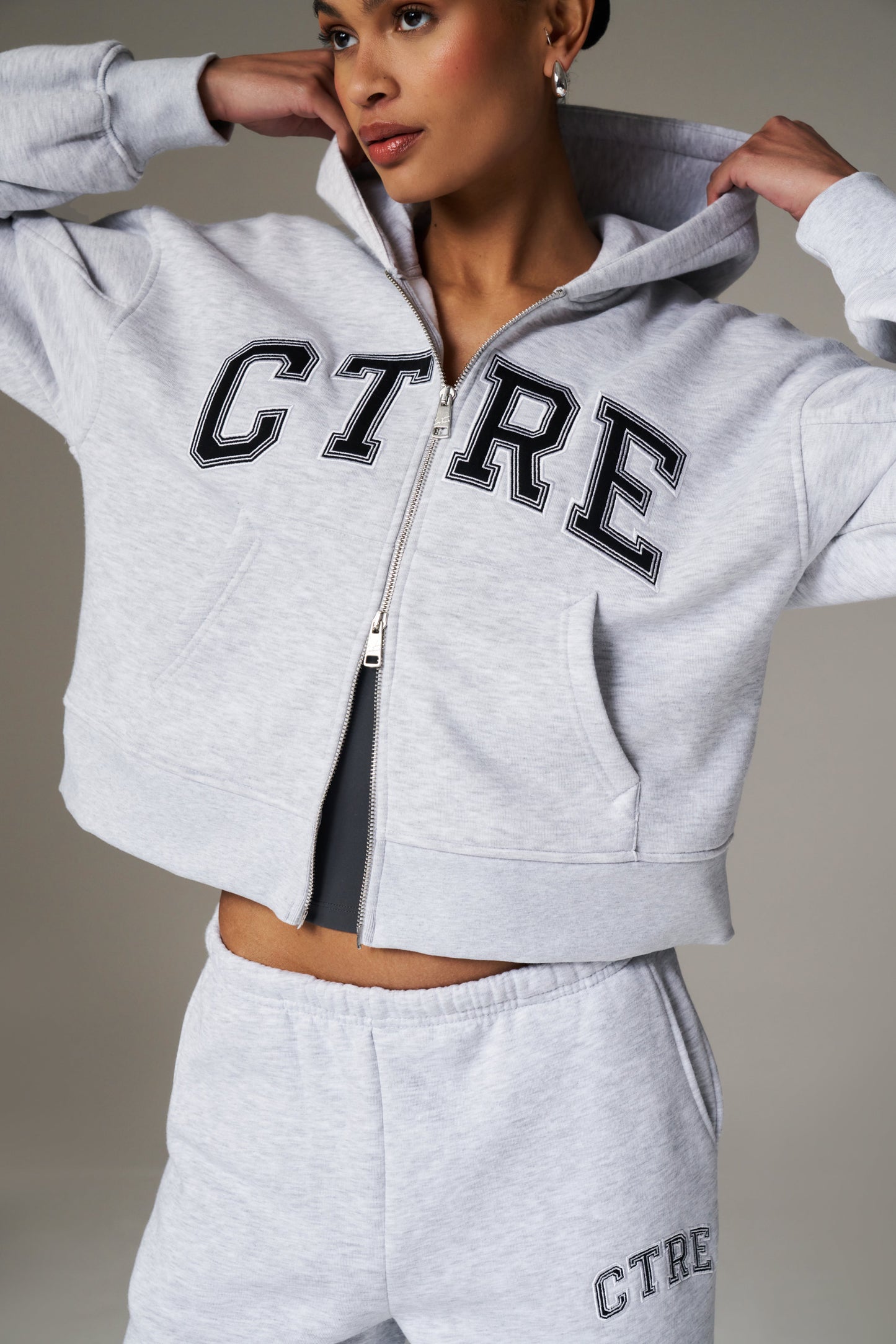 CTRE CROPPED ZIP THROUGH HOODIE - GREY MARL