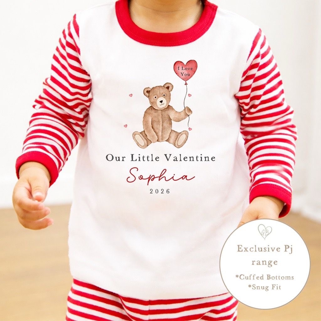 Personalised Red Stripe Valentines Pyjamas - Bear Design