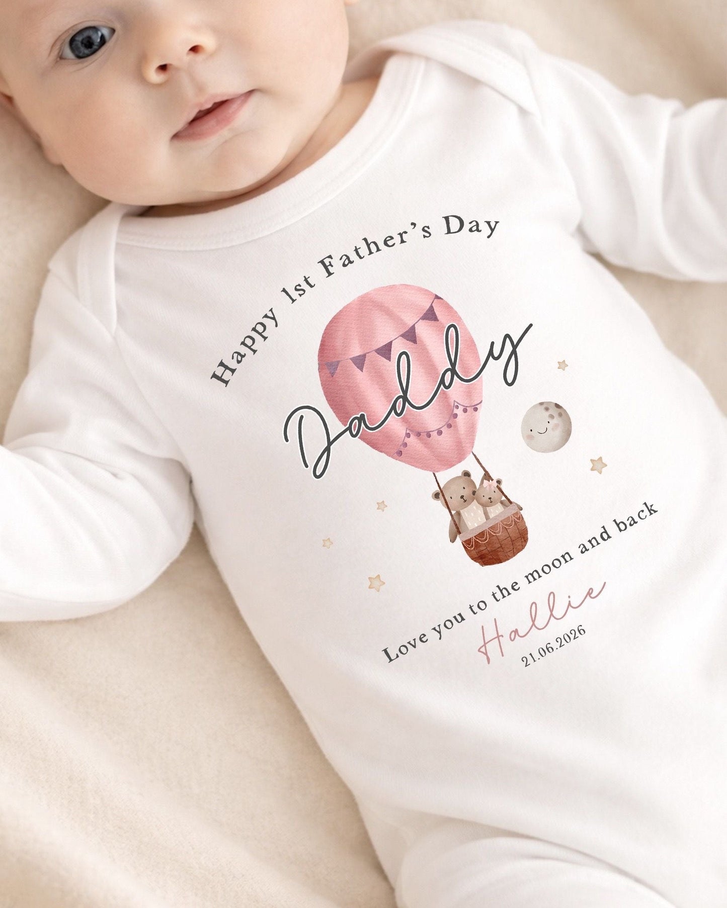 Personalised My First Father's Day Baby Vest / Babygrow - Pink Hot Air Balloon Design