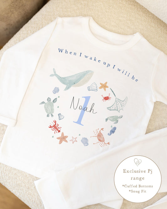 Plain White Personalised Birthday Pyjamas - Sea Animal Wreath Design