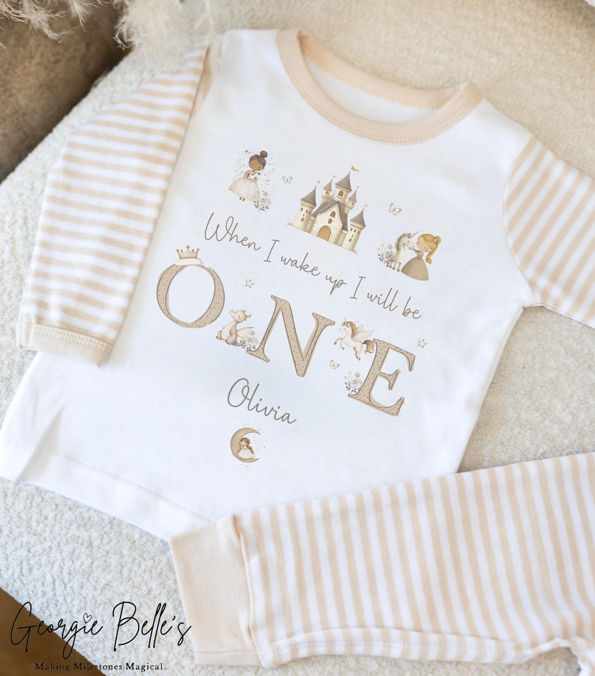 Personalised Beige Stripe Birthday Pyjamas - Princess Trio Design