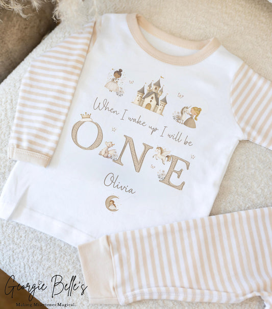 Personalised Beige Stripe Birthday Pyjamas - Princess Trio Design