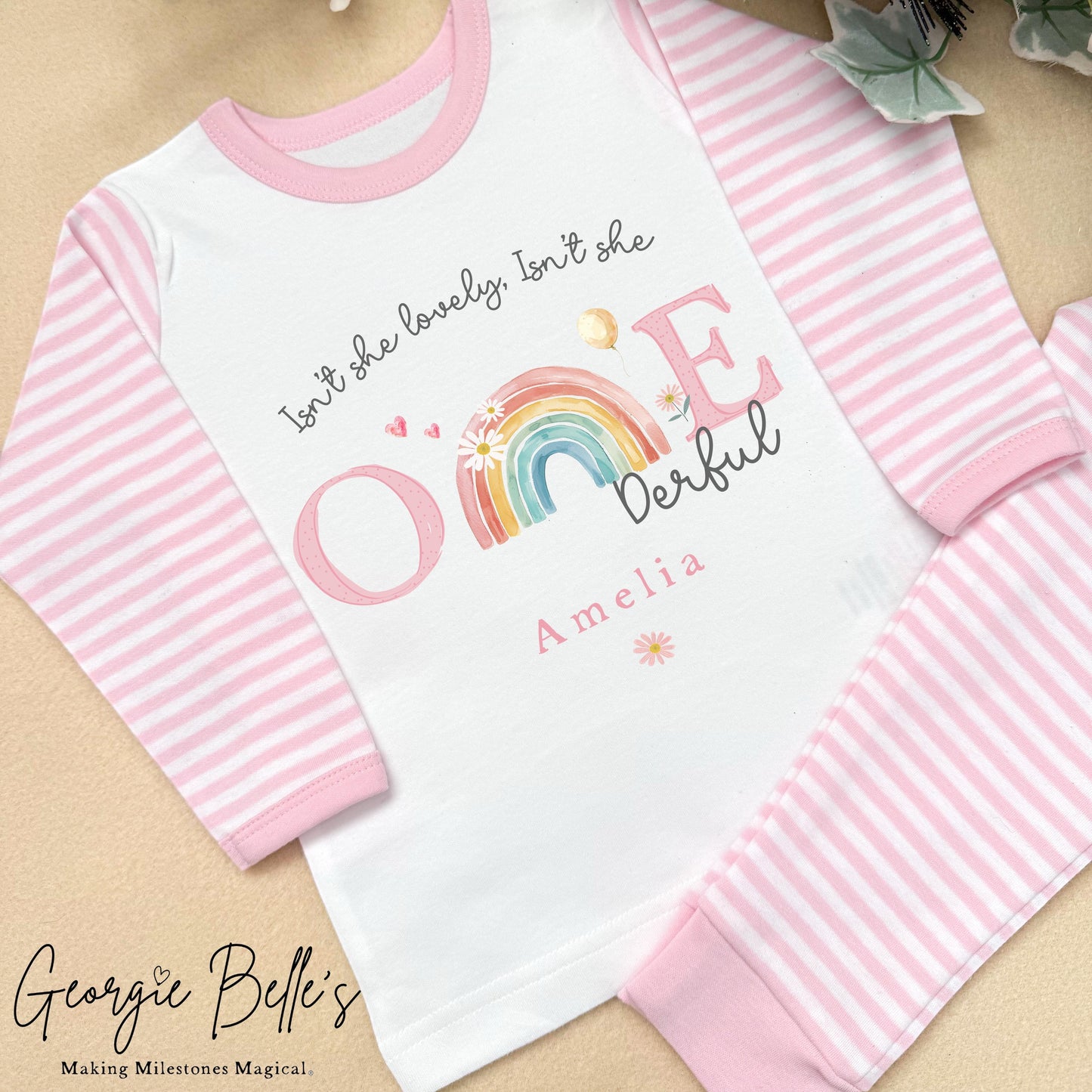 Personalised Pink Stripe Birthday Pyjamas - Pink Isn’t She Onederful Design