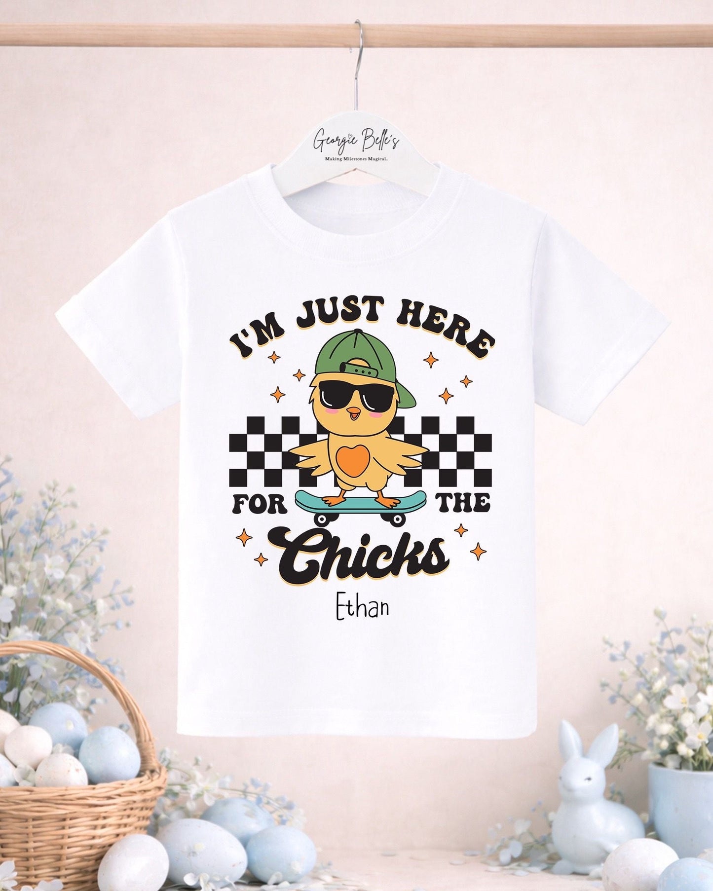 Personalised Easter T-Shirt - Here For The Chicks Design