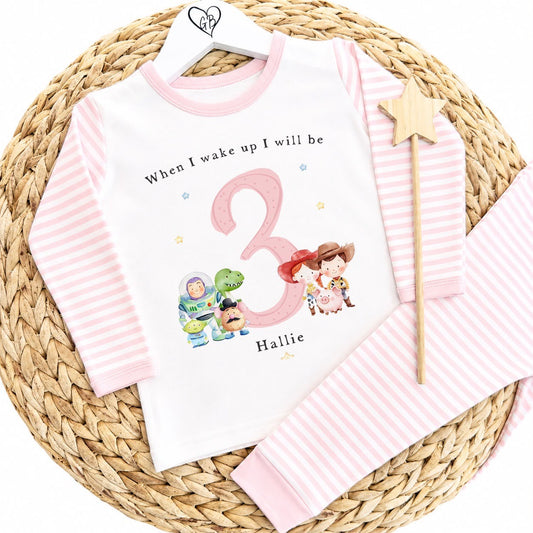 Personalised Pink Stripe Birthday Pyjamas - Toy Inspired Design