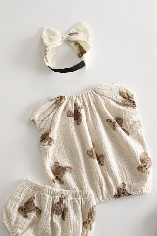Bear 3 Piece Summer Set (T-Shirt, Shorts & Headband) - Cozy Crew Club