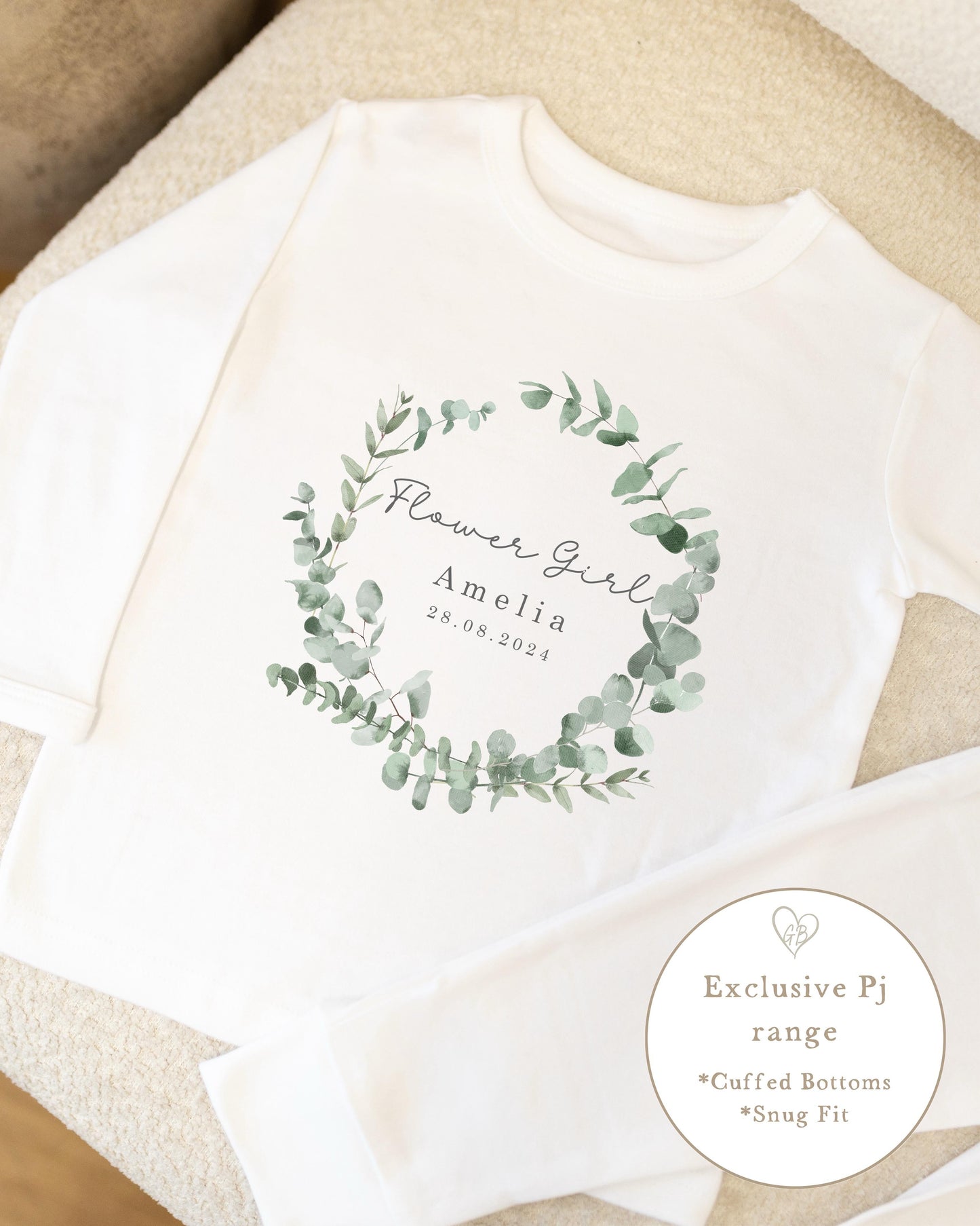 Personalised Flower Girl Pyjamas Eucalyptus Wreath Design