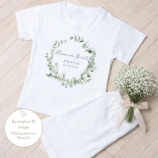 Personalised Flower Girl Short Set Pyjamas Eucalyptus Wreath Design