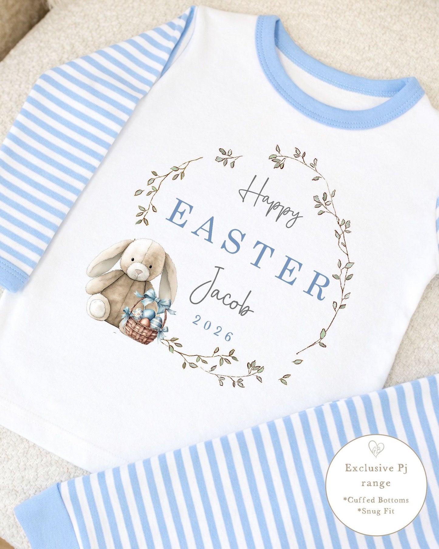 Personalised Blue Stripe Easter Pyjamas - Bunny Wreath Design