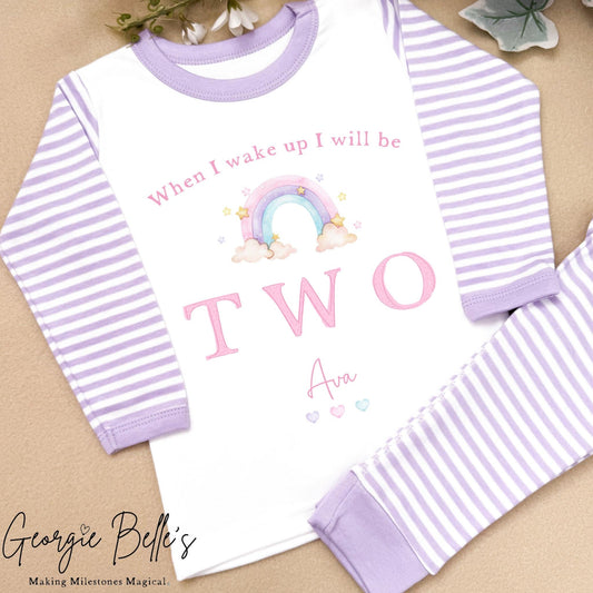 Personalised Lilac Stripe Birthday Pyjamas - Lilac Pastel Rainbow Design