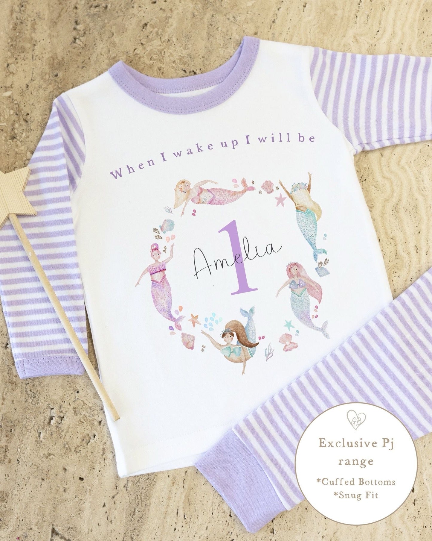 Lilac & White Striped Personalised Birthday Pyjamas - Lilac Mermaid Wreth Design