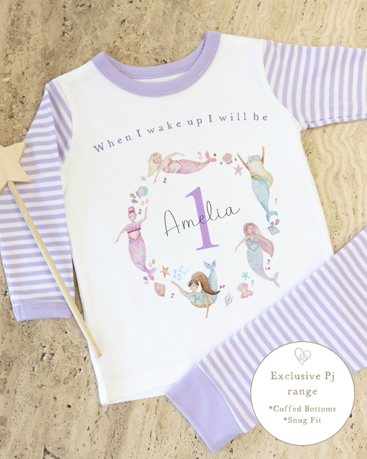 Lilac & White Striped Personalised Birthday Pyjamas - Lilac Mermaid Wreth Design