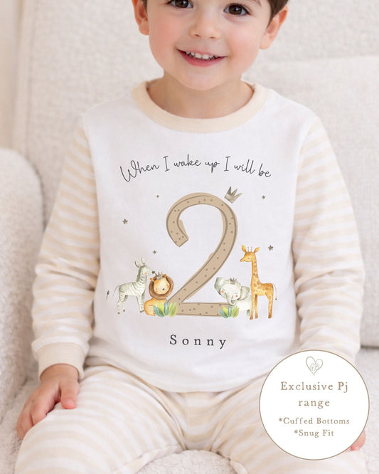 Personalised Beige Stripe Birthday Pyjamas - Safari Design