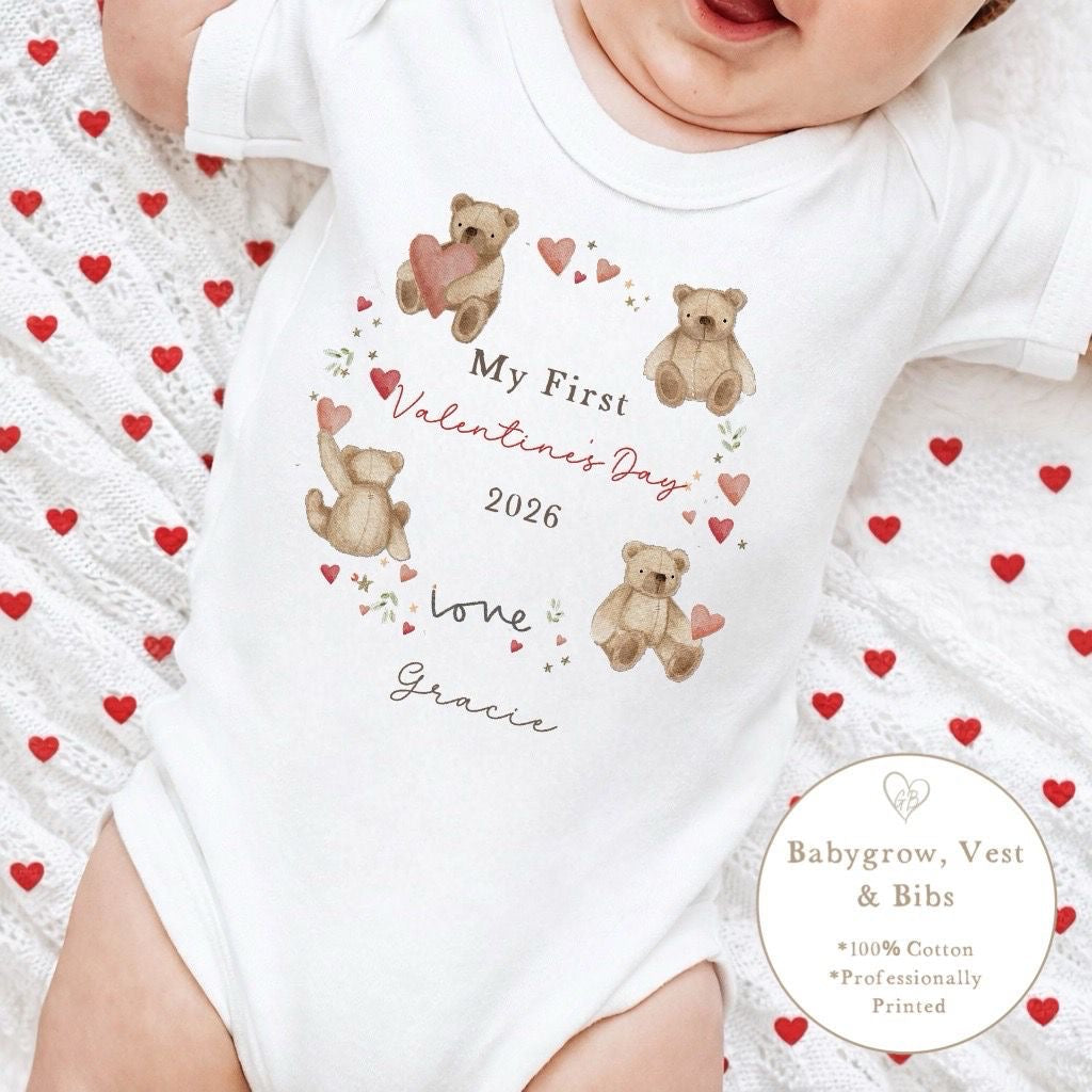 Personalised Valentine's Sleepsuit / Bodysuit - Bear Wreath Design
