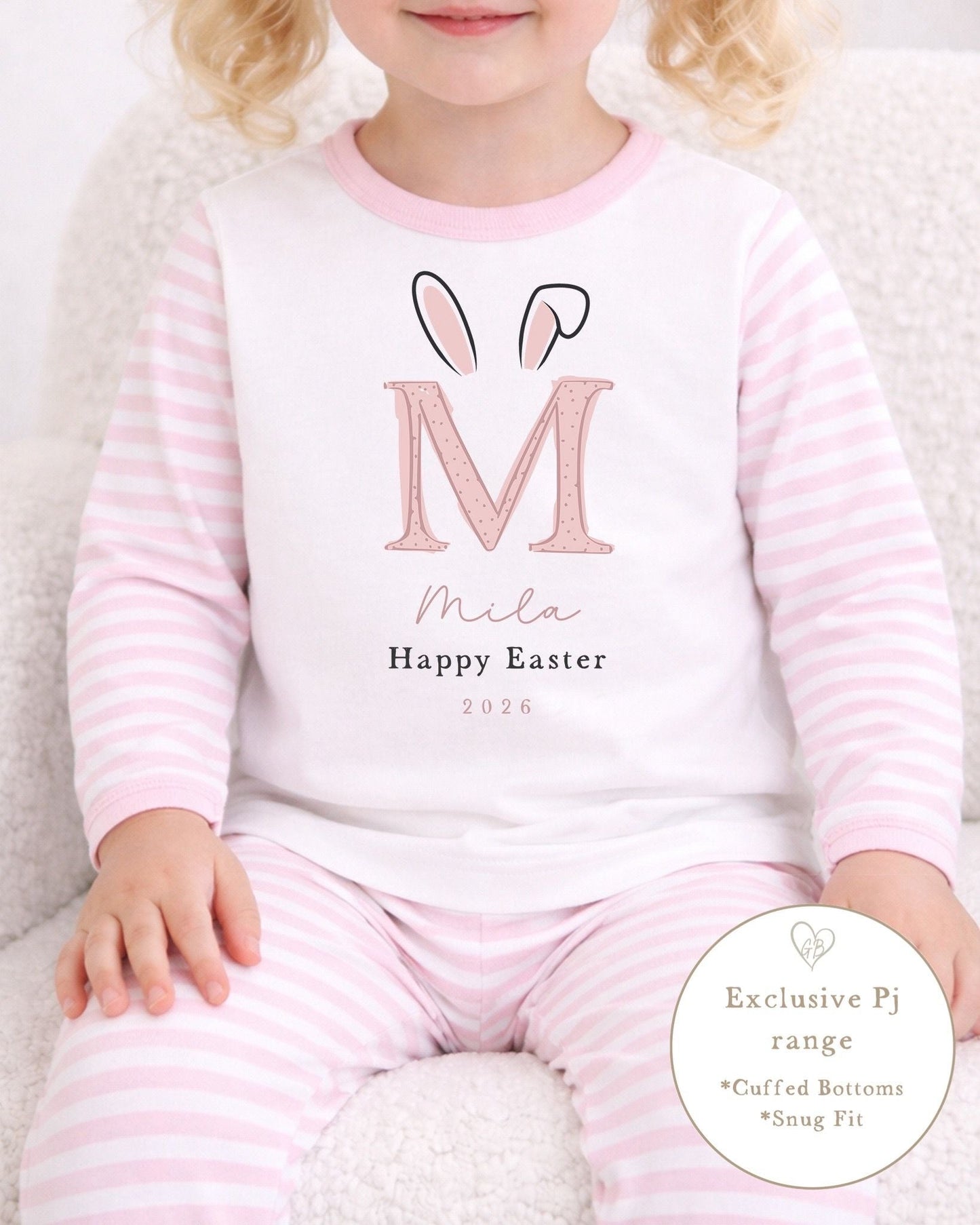 Personalised Pink Stripe Easter Pyjamas - Bunny Ear Initial Design