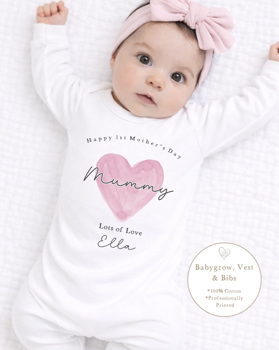 Personalised My First Mother's Day Babygrow / Short Sleeve Vest - Pink Heart Design