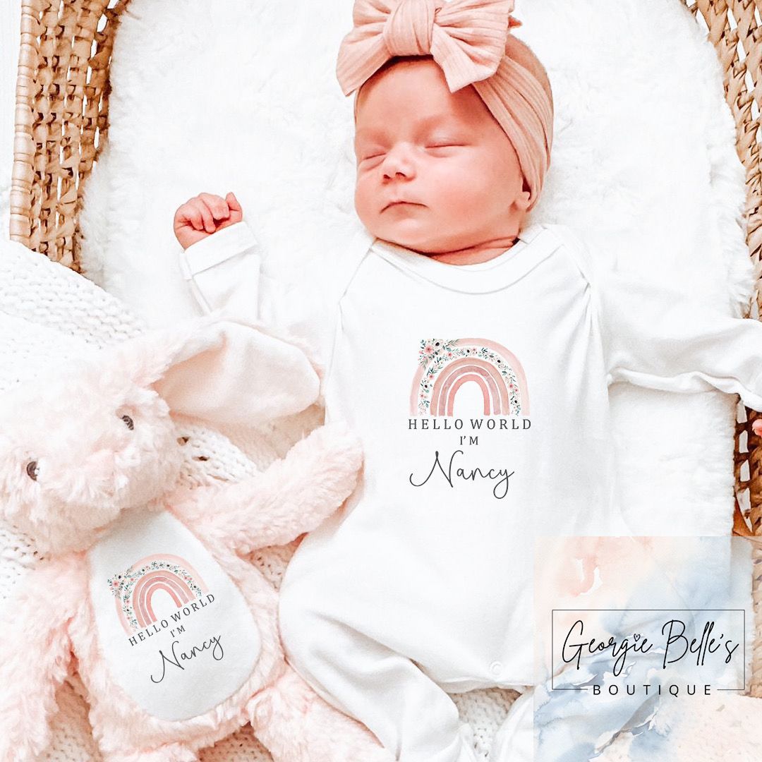 Baby Gift Set - Pink 'Hello World' Rainbow Design