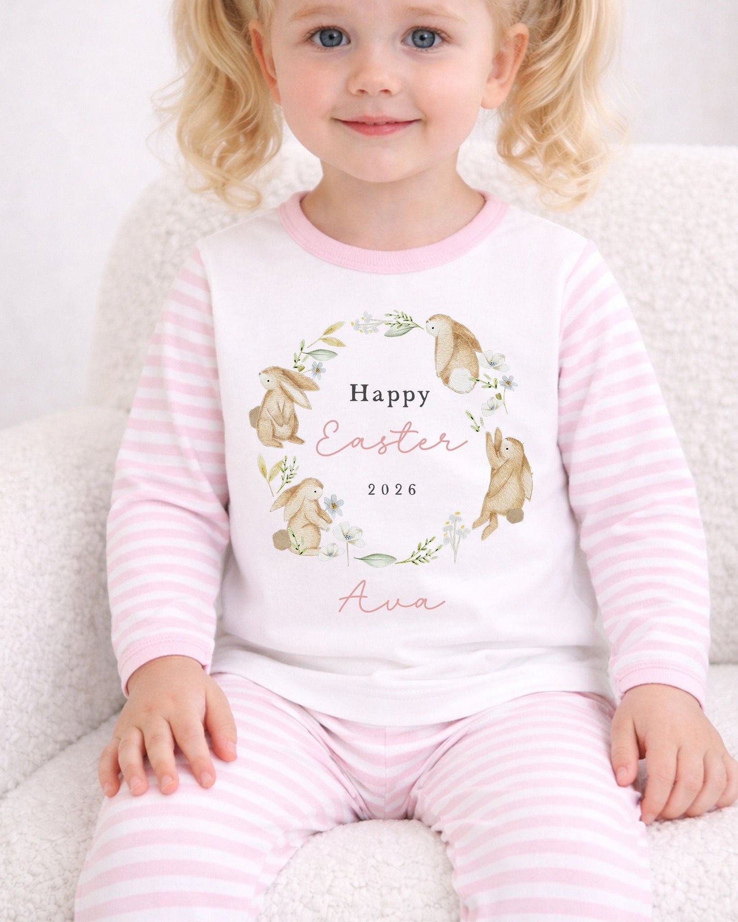 Personalised Pink Stripe Easter Pyjamas - Bunny Wreath Design