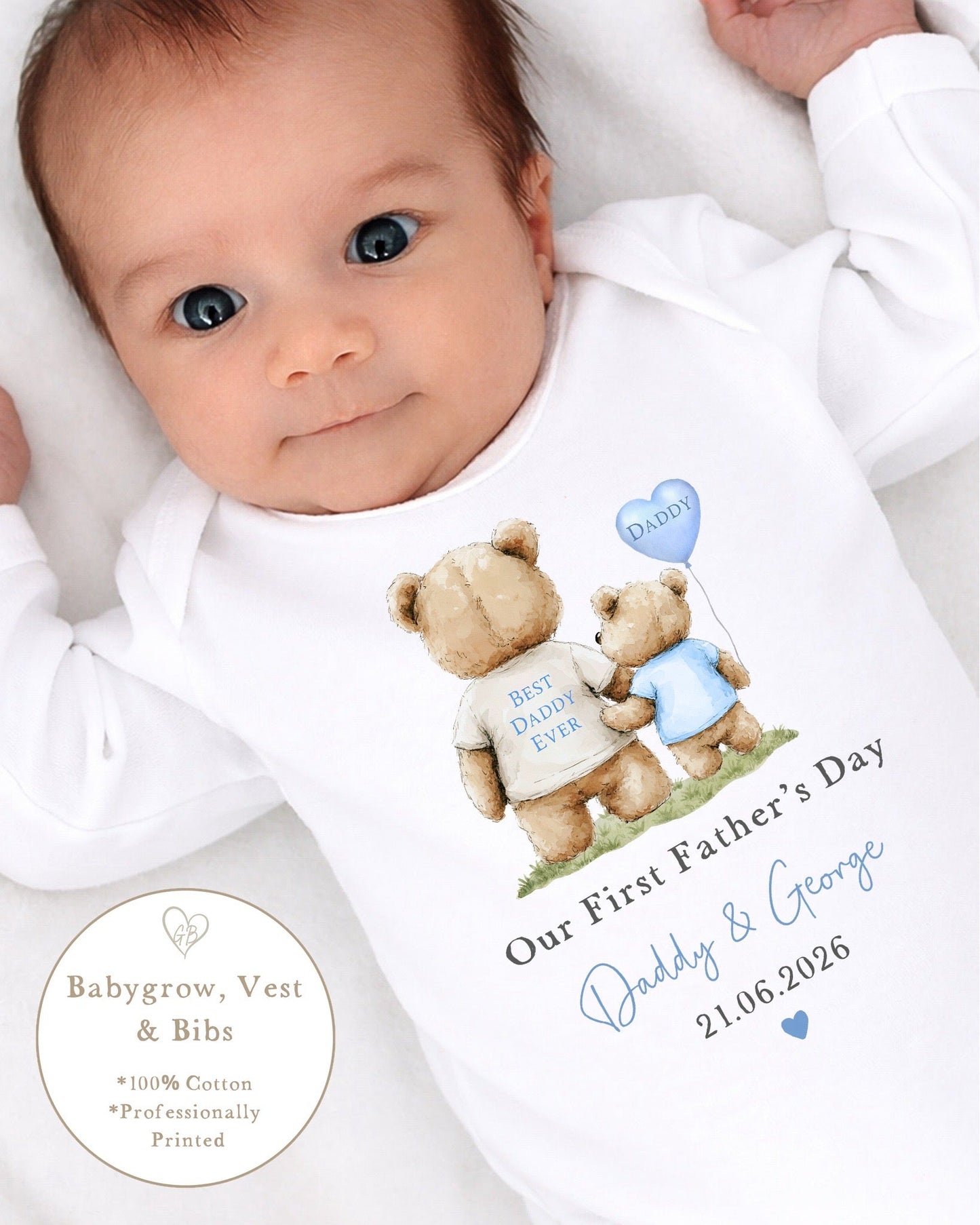 Personalised My First Father's Day Baby Vest / Babygrow - Blue Bear Back Design