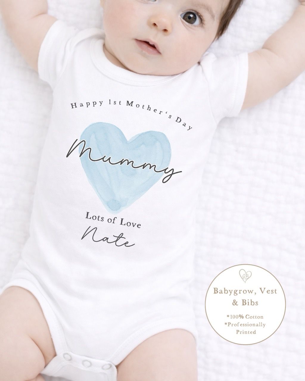 Personalised My First Mother's Day Babygrow / Short Sleeve Vest - Blue Heart Design