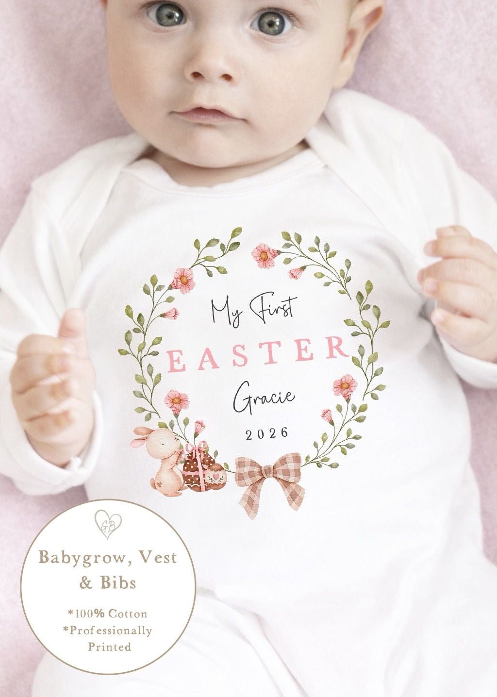 Personalised My First Easter Babygrow / Vest - Pink Classic Wreath Design