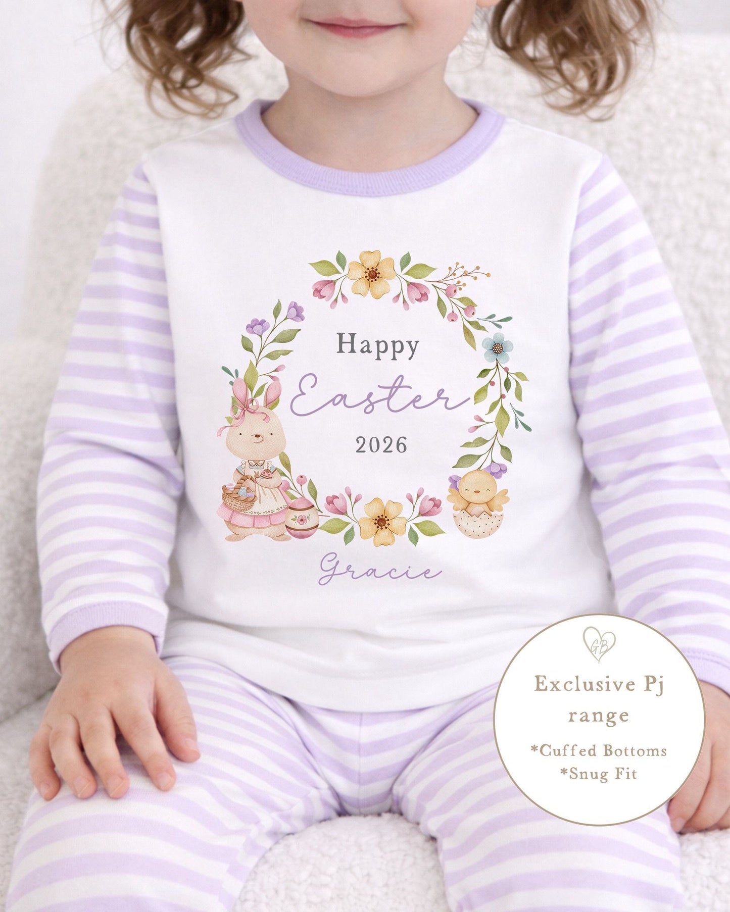 Personalised Lilac Stripe Easter Pyjamas - Easter Wreath Design