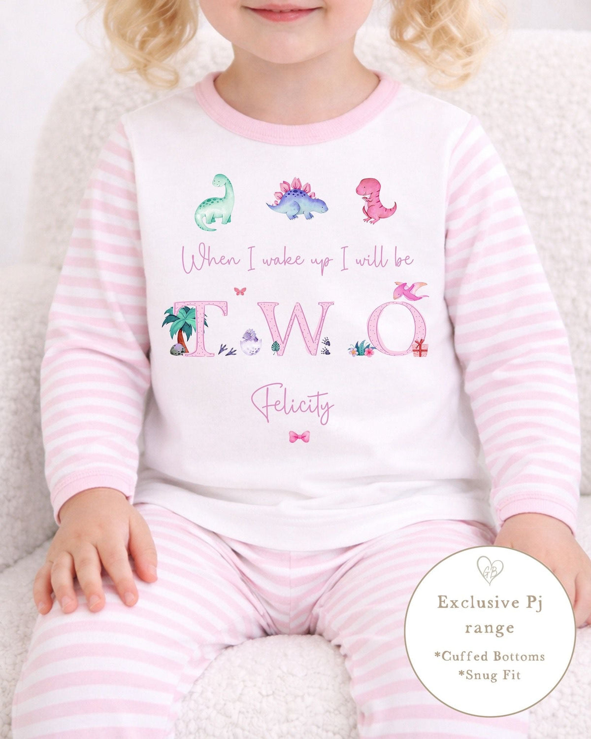 Personalised Pink Stripe Birthday Pyjamas - Dino Word Design