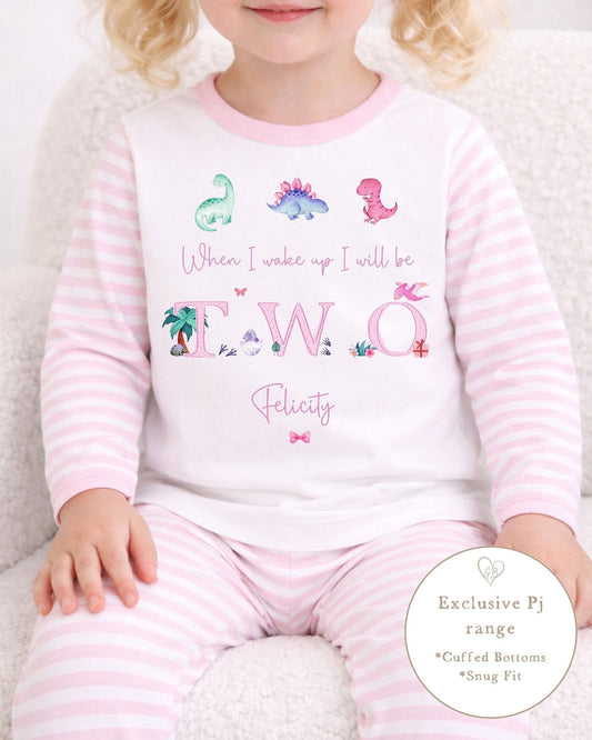 Personalised Pink Stripe Birthday Pyjamas - Dino Word Design