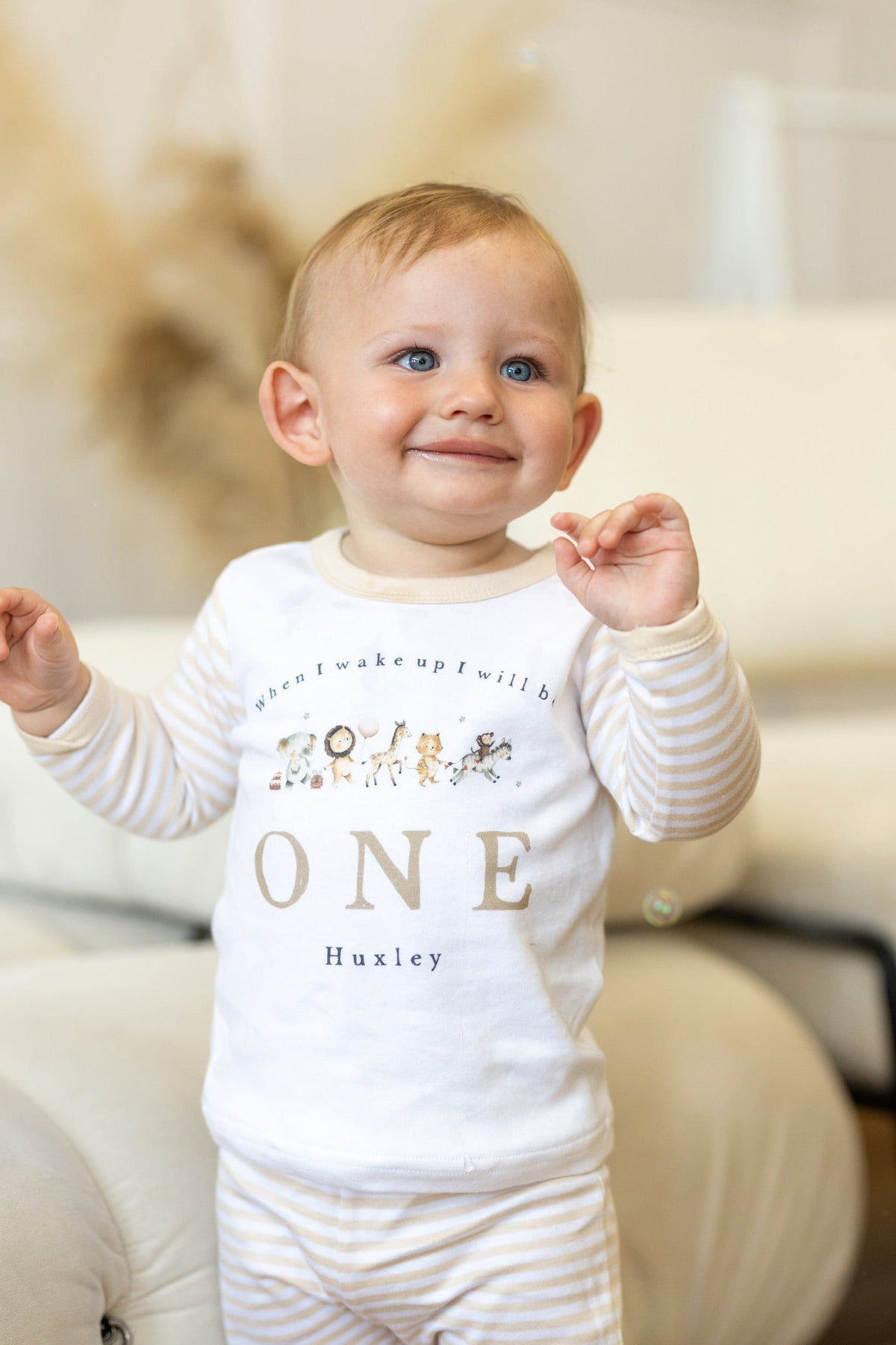 Personalised Beige Stripe Birthday Pyjamas - Animal Parade Design