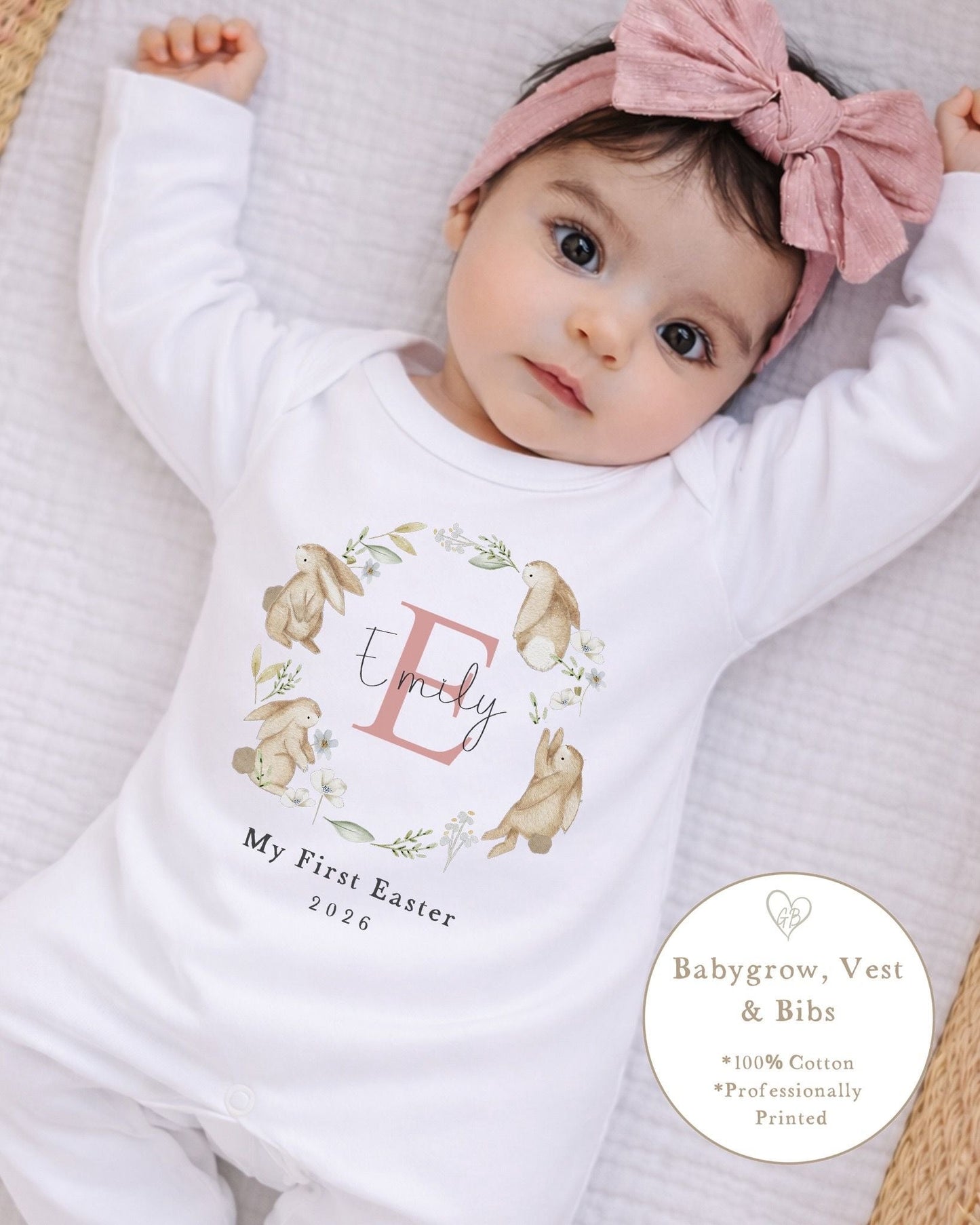 Personalised My First Easter Babygrow / Vest - Pink Wreath initial Design