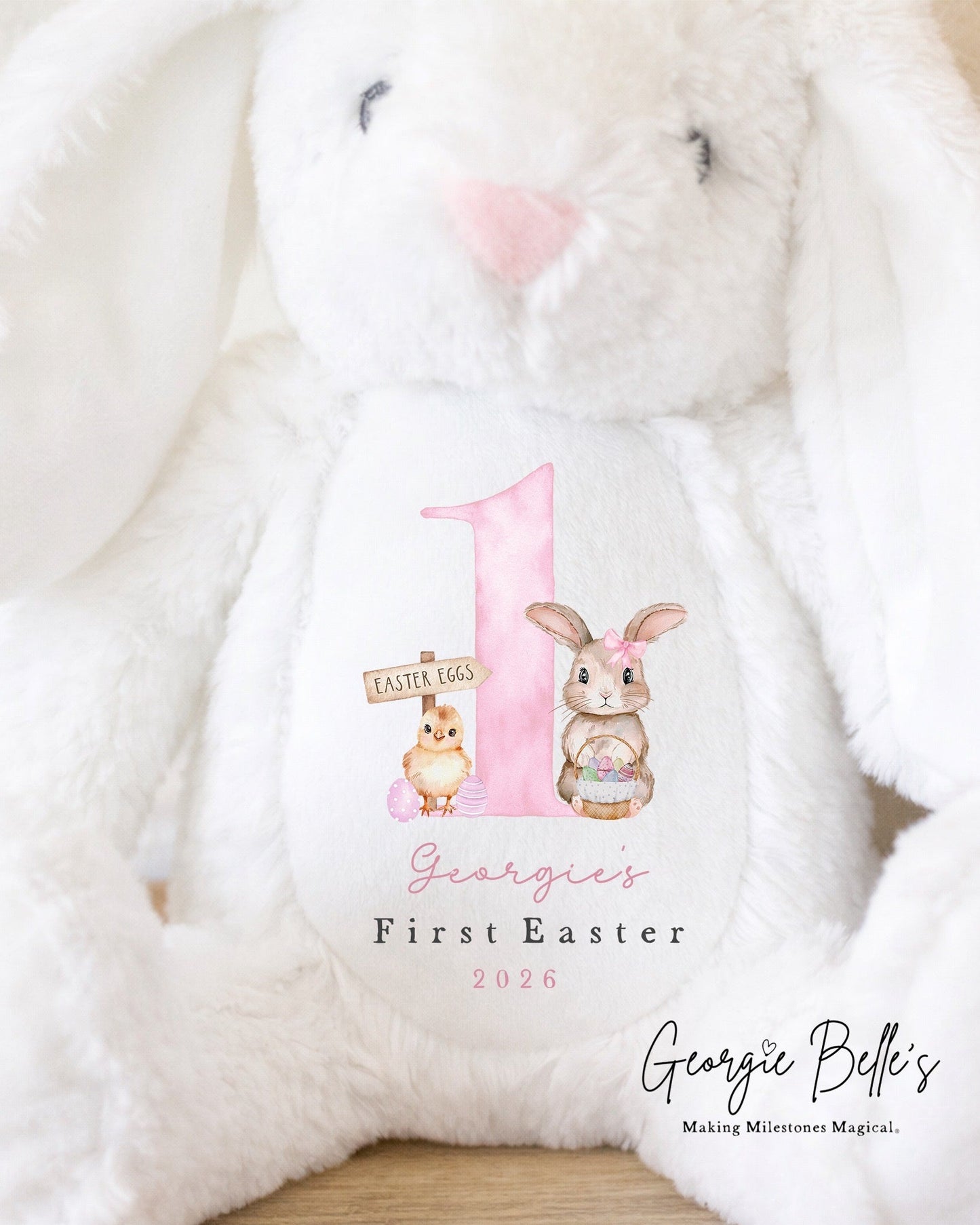 Personalised White Easter Bunny Soft Toy - Pink First Easter Design
