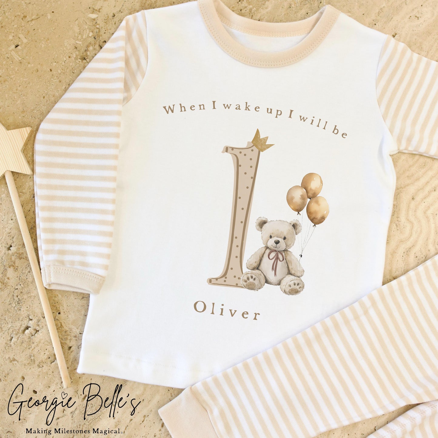 Personalised Stripe Birthday Pyjamas Bear Balloon Design