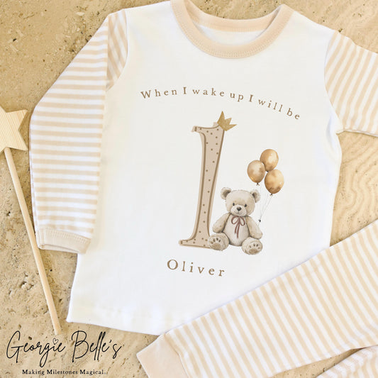 Personalised Stripe Birthday Pyjamas Bear Balloon Design