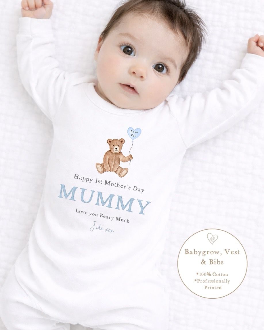 Personalised My First Mother's Day Babygrow / Short Sleeve Vest - Blue Bear Heart Balloon Design