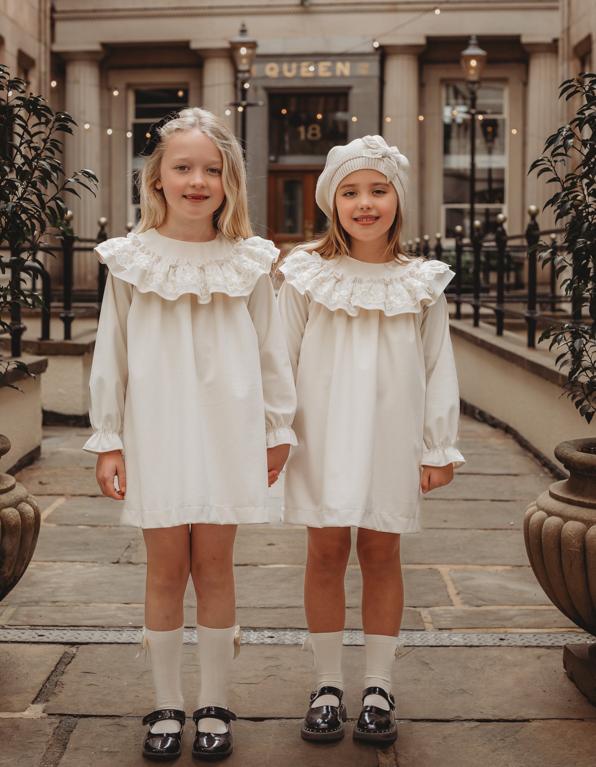 'Eve' Ivory velvet & gold lace dress - Rose & Albert